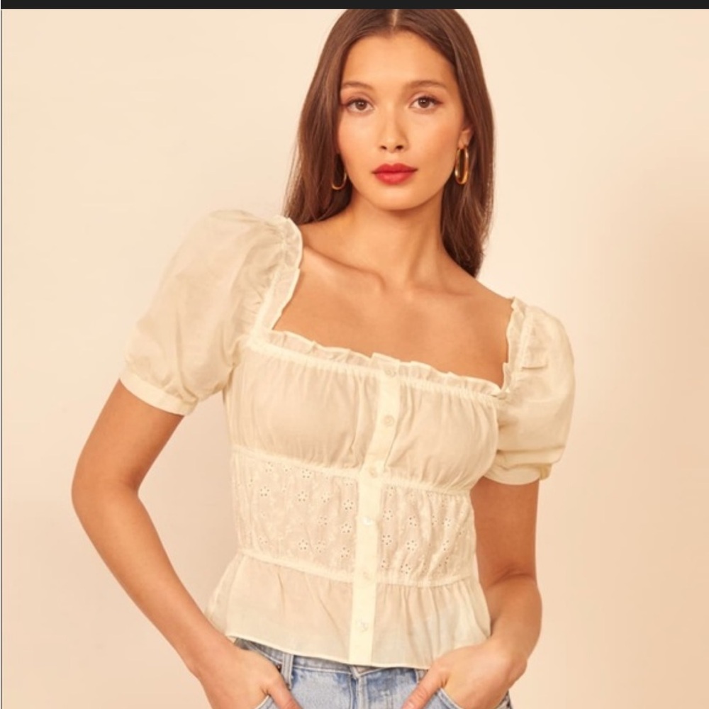 Reformation Ivory Eyelet Puff Sleeve Blouse